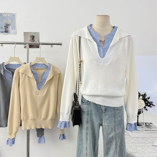 Mock Layered Plaid V-Neck Long Sleeve Relaxed Knit Top