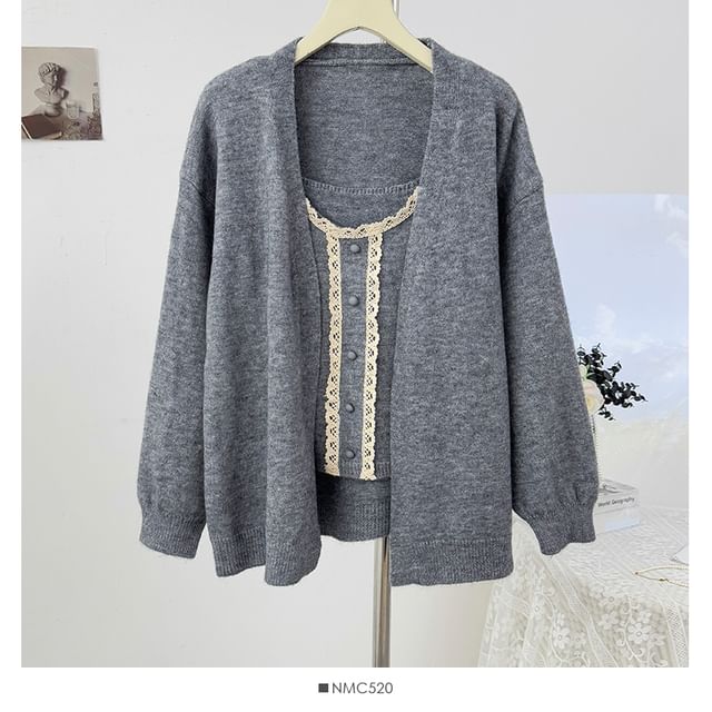 Scoop Neck Lace Trim Knit Camisole + Extended Sleeve Cardigan Set