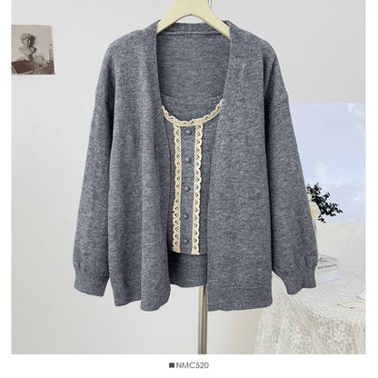 Scoop Neck Lace Trim Knit Camisole + Extended Sleeve Cardigan Set