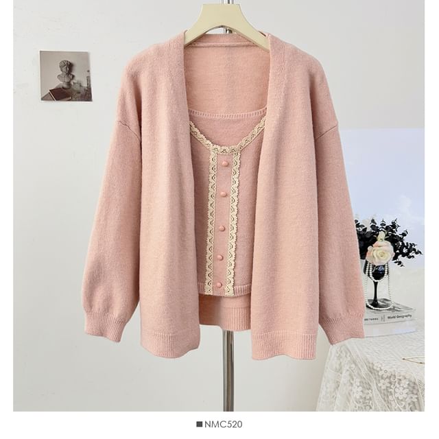 Scoop Neck Lace Trim Knit Camisole + Extended Sleeve Cardigan Set