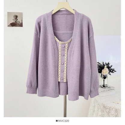 Scoop Neck Lace Trim Knit Camisole + Extended Sleeve Cardigan Set