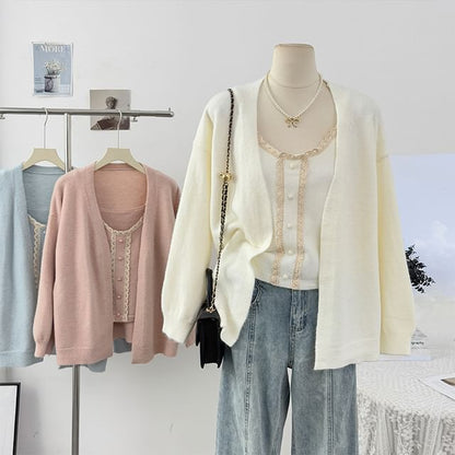 Scoop Neck Lace Trim Knit Camisole + Extended Sleeve Cardigan Set