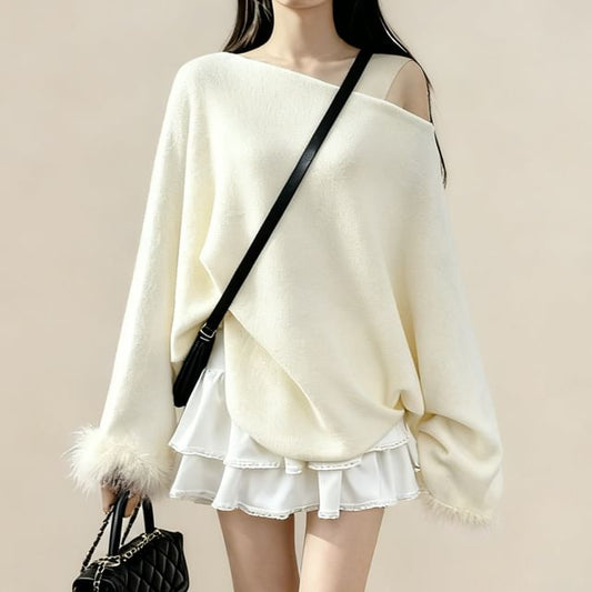Loose-Fit Off-Shoulder Knit with Long Sleeves