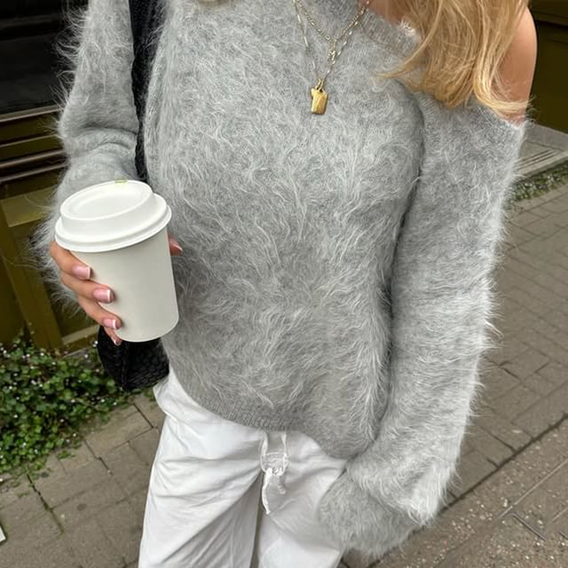 Fuzzy Off-the-Shoulder Pullover Sweater
