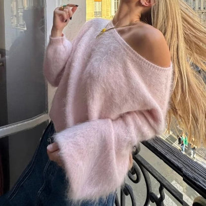 Fuzzy Off-the-Shoulder Pullover Sweater