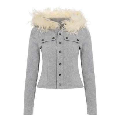 Furry Trim Button-Up Hooded Crop Jacket