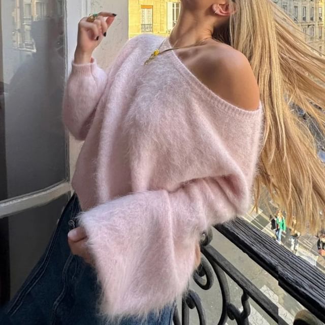 Fuzzy Off-the-Shoulder Pullover Sweater