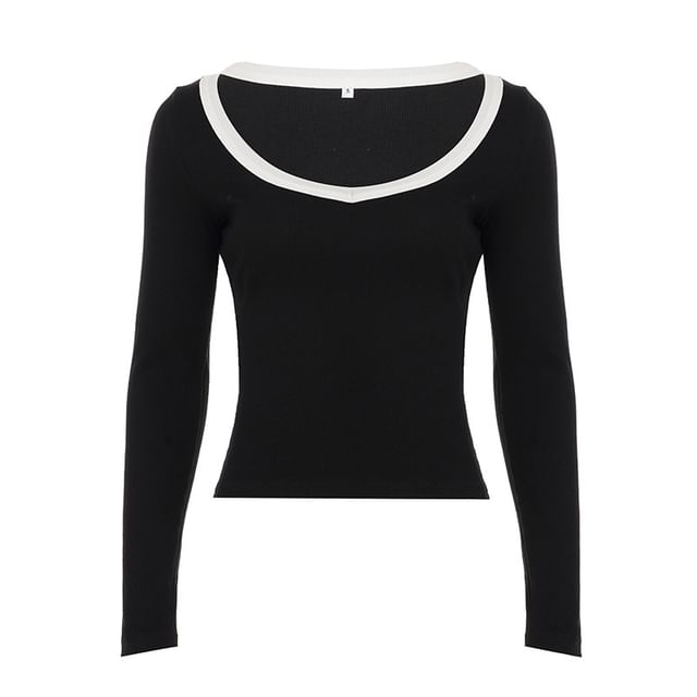 Two-Tone Cropped Scoop-Neck Tee with Long Sleeves
