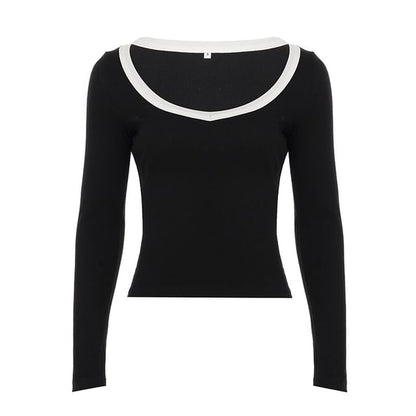 Two-Tone Cropped Scoop-Neck Tee with Long Sleeves