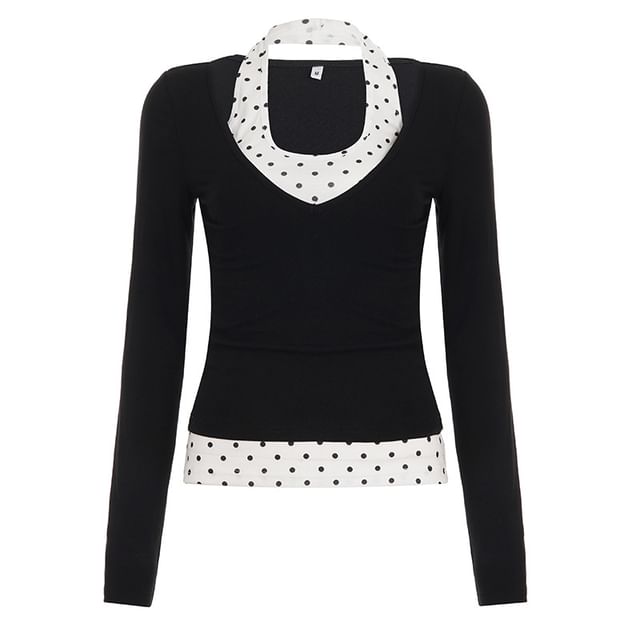 Dotted Mock Two-Piece Top with Long Sleeves
