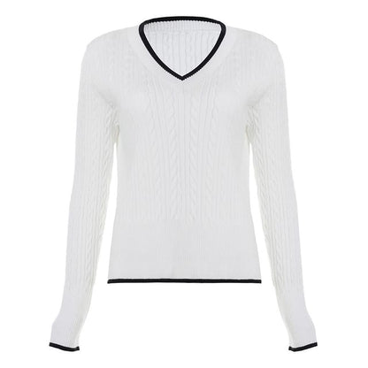 Cropped V-Neck Sweater with Contrasting Trim