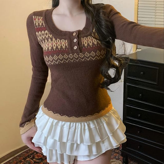 Jacquard Henley Cropped Knit Top with Long Sleeves