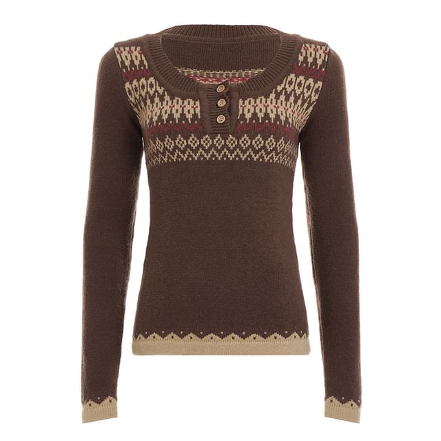 Jacquard Henley Cropped Knit Top with Long Sleeves