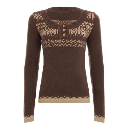 Jacquard Henley Cropped Knit Top with Long Sleeves