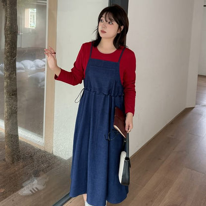 Plus Size Mock Two-Piece Long-Sleeve Crew Neck Two Tone Denim Midi A-Line Dress