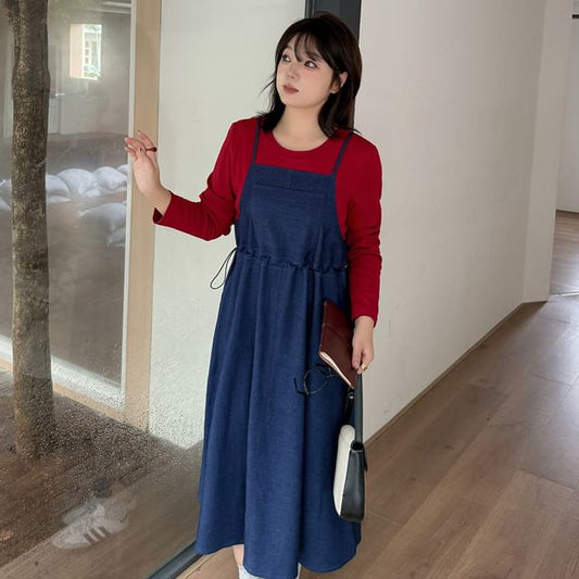 Plus Size Mock Two-Piece Long-Sleeve Crew Neck Two Tone Denim Midi A-Line Dress