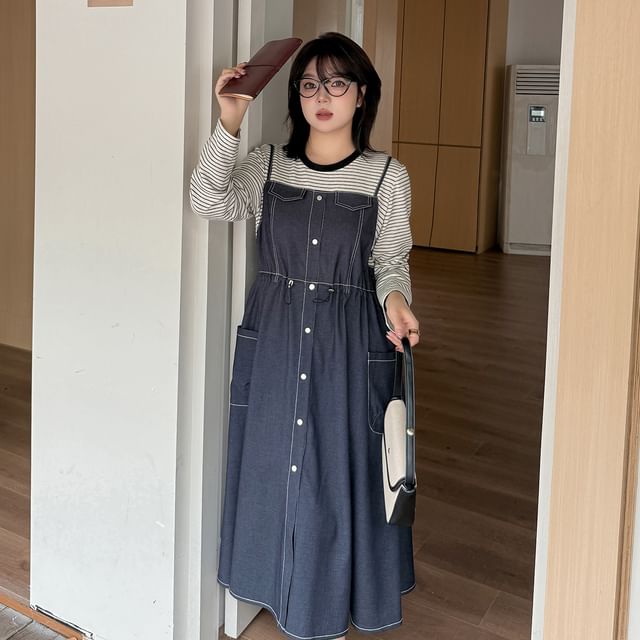 Plus Size Mock Two-Piece Long-Sleeve Crew Neck Striped Panel Denim Midi A-Line Dress