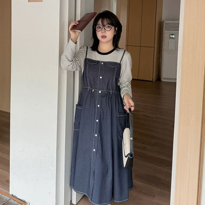 Plus Size Mock Two-Piece Long-Sleeve Crew Neck Striped Panel Denim Midi A-Line Dress