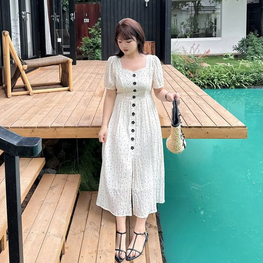 Plus Size Short Sleeve Square Neck Polka Dot Midi A-Line Dress