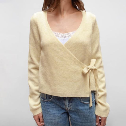Tie Waist V-Neck Slouchy Long Sleeve Knit Sweater in Solid