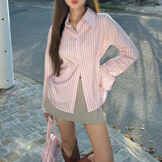 Slim Fitted Striped V-Neck Long Sleeve Shirt