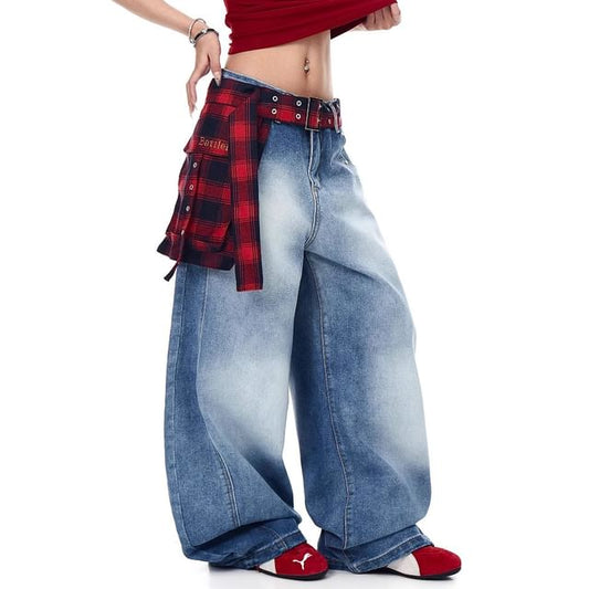 Washed Wide Leg Jeans + Plaid Wrap Skirt Set
