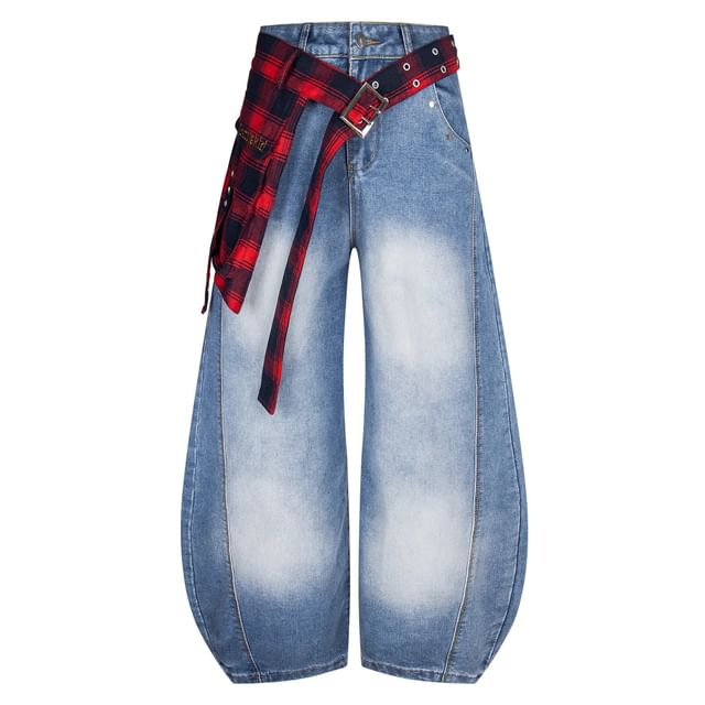 Washed Wide Leg Jeans + Plaid Wrap Skirt Set