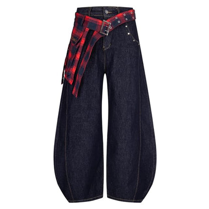 Washed Wide Leg Jeans + Plaid Wrap Skirt Set