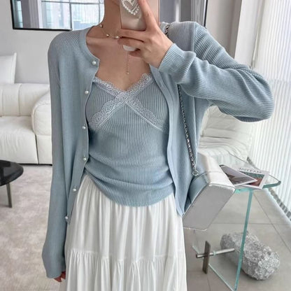 Lace Trim Ribbed Cami and Faux Pearl Cardigan Set