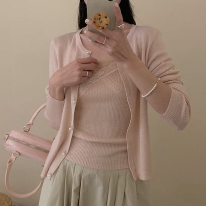 Lace Trim Ribbed Cami and Faux Pearl Cardigan Set