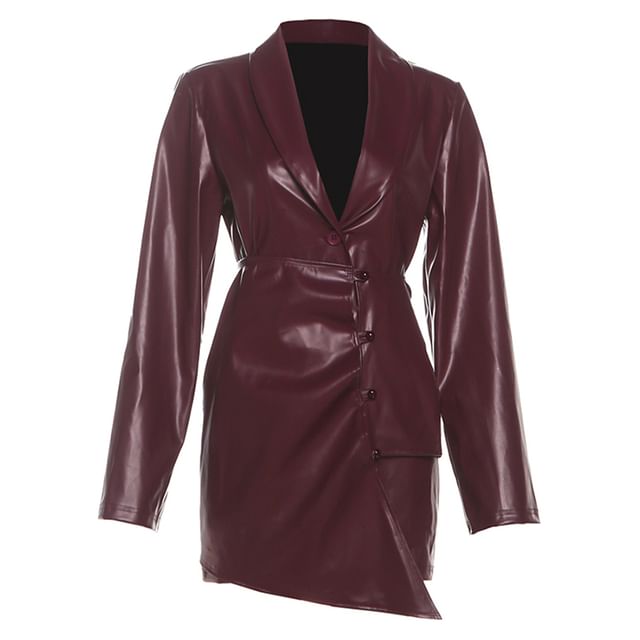 Long-Sleeve Faux Leather Shirred Blazer & Asymmetrical Buttoned Mini Skirt