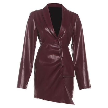 Long-Sleeve Faux Leather Shirred Blazer & Asymmetrical Buttoned Mini Skirt