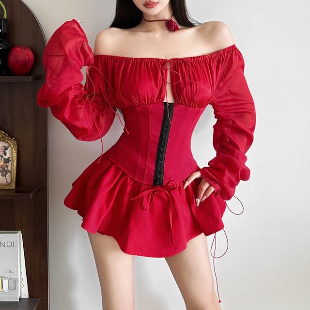Off-Shoulder Puff Sleeve Corset Blouse + Mini Skirt