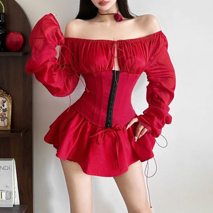 Off-Shoulder Puff Sleeve Corset Blouse + Mini Skirt