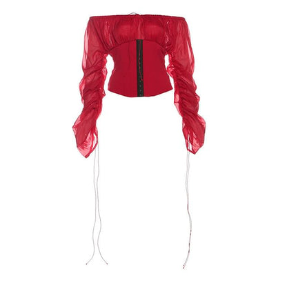 Off-Shoulder Puff Sleeve Corset Blouse + Mini Skirt
