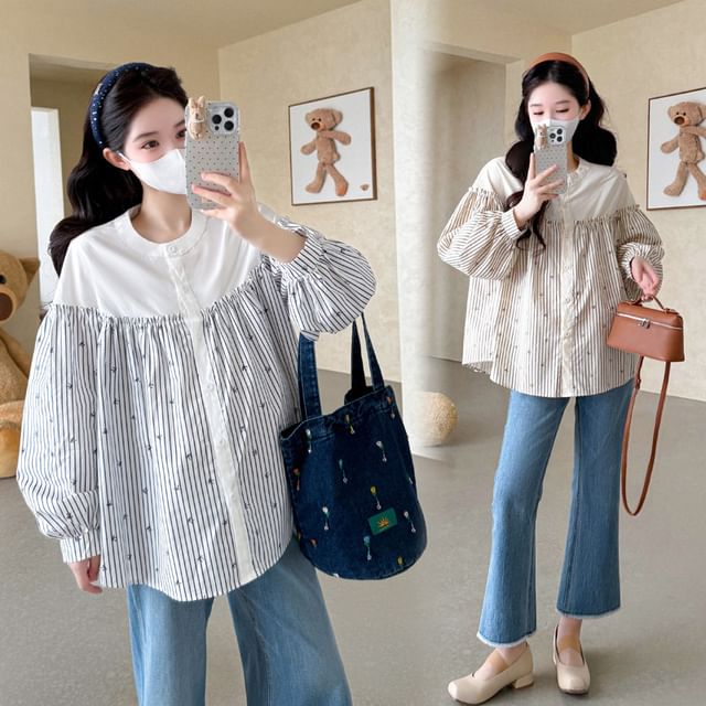 Maternity Striped Button-Front Blouse with Round Neck and Long Sleeves