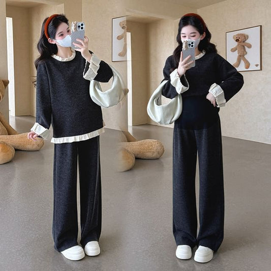 Maternity Set: Ruffled Round-Neck Pullover with Wide-Leg Trousers
