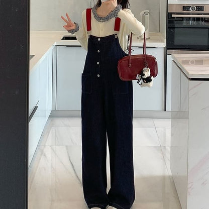 Maternity Set: Ruffled Round-Neck Top with Wide-Leg Jumper Jeans