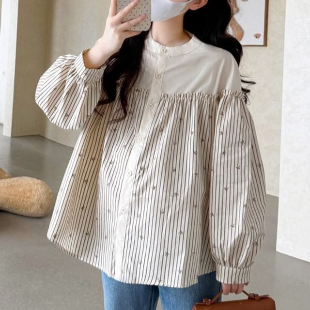 Maternity Striped Button-Front Blouse with Round Neck and Long Sleeves