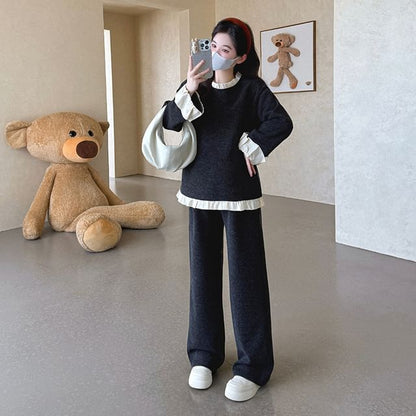 Maternity Set: Ruffled Round-Neck Pullover with Wide-Leg Trousers