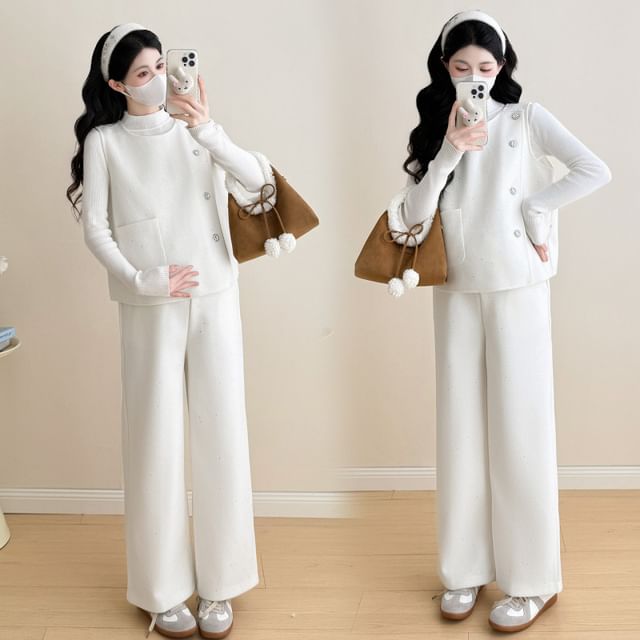 Maternity Set: Mock-Neck Knit Top, Button-Up Vest and Wide-Leg Pants