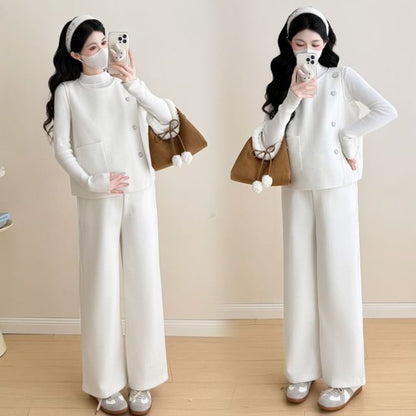 Maternity Set: Mock-Neck Knit Top, Button-Up Vest and Wide-Leg Pants