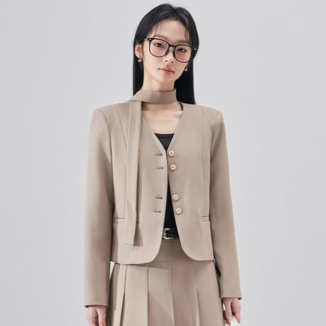 V-Neck Blazer & Accordion Pleated Midi A-Line Skirt