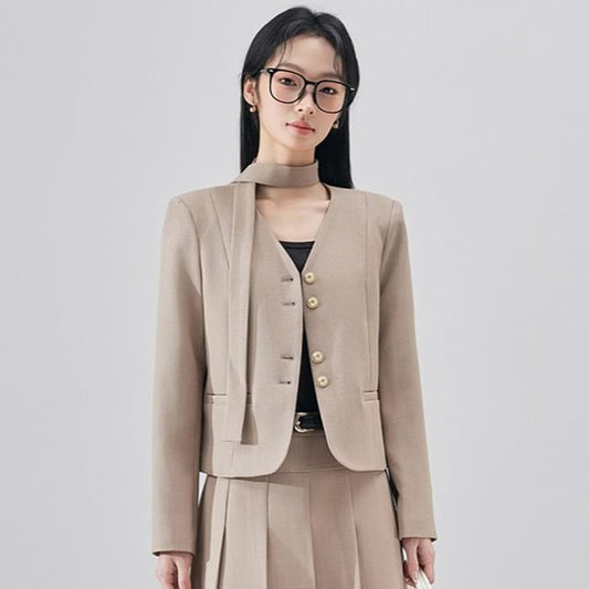 V-Neck Blazer & Accordion Pleated Midi A-Line Skirt
