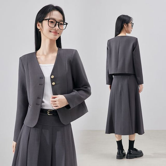 V-Neck Blazer & Accordion Pleated Midi Skirt Set