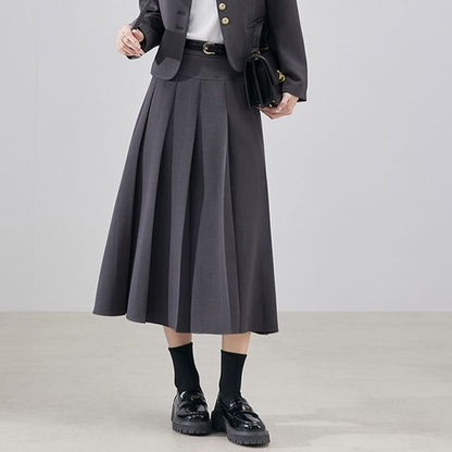 V-Neck Blazer & Accordion Pleated Midi A-Line Skirt