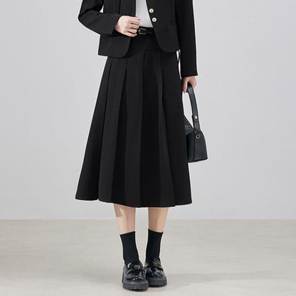 V-Neck Blazer & Accordion Pleated Midi A-Line Skirt