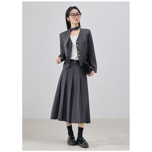 V-Neck Blazer & Accordion Pleated Midi Skirt Set