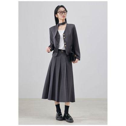 V-Neck Blazer & Accordion Pleated Midi Skirt Set