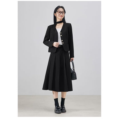 V-Neck Blazer & Accordion Pleated Midi Skirt Set